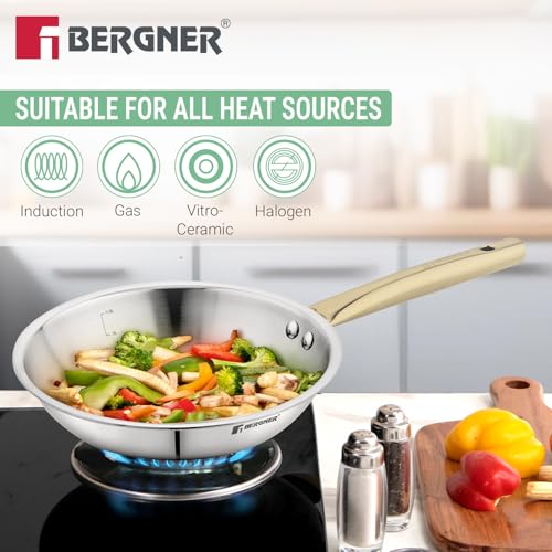 Bergner TriPro Triply Stainless Steel Induction Bottom 7 Pcs Cookware Set with PVD Coated Golden Handles, Kadai 22cm/2L with Glass Lid, Frypan 22cm, Saucepan 14cm/1.2L, Turner, Ladle, Serving Spoon - Image 5