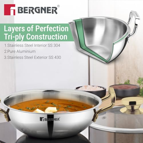 Bergner TriPro Triply Stainless Steel Induction Bottom 7 Pcs Cookware Set with PVD Coated Golden Handles, Kadai 22cm/2L with Glass Lid, Frypan 22cm, Saucepan 14cm/1.2L, Turner, Ladle, Serving Spoon - Image 3