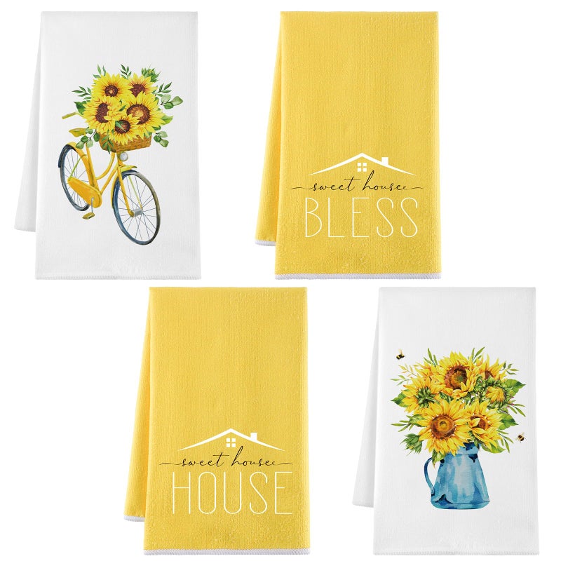 Bencailor 4 Pcs Summer Hand Towel Sunflower Kitchen Towels Kitchen Sets Yellow Seasonal Summer Decoration Tea Dish Cloth for Bathroom Decor Housewarming Gifts16 x 24 Inch