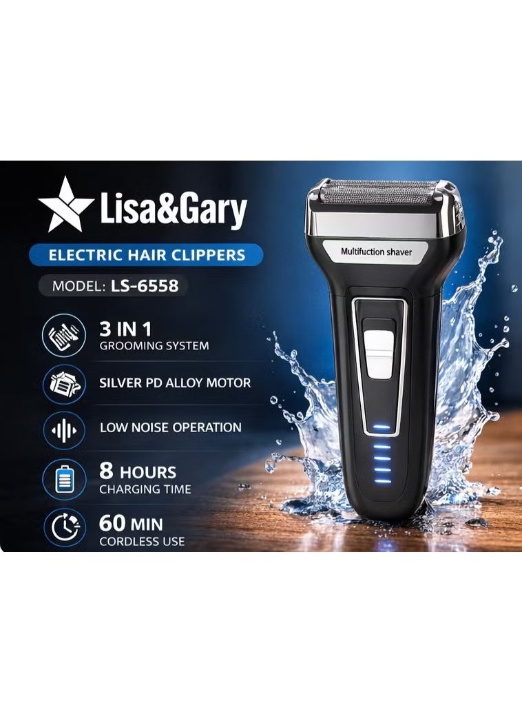 ماكينة حلاقة وتشذيب الشعر الكهربائية 3 في 1 من Lisa & Gary (طراز LS-6558) - مجموعة عناية شخصية متعددة الوظائف وقابلة لإعادة الشحن، تتضمن أداة تشذيب شعر الأنف واللحية، مع ميزة الشحن عبر USB. - Image 3
