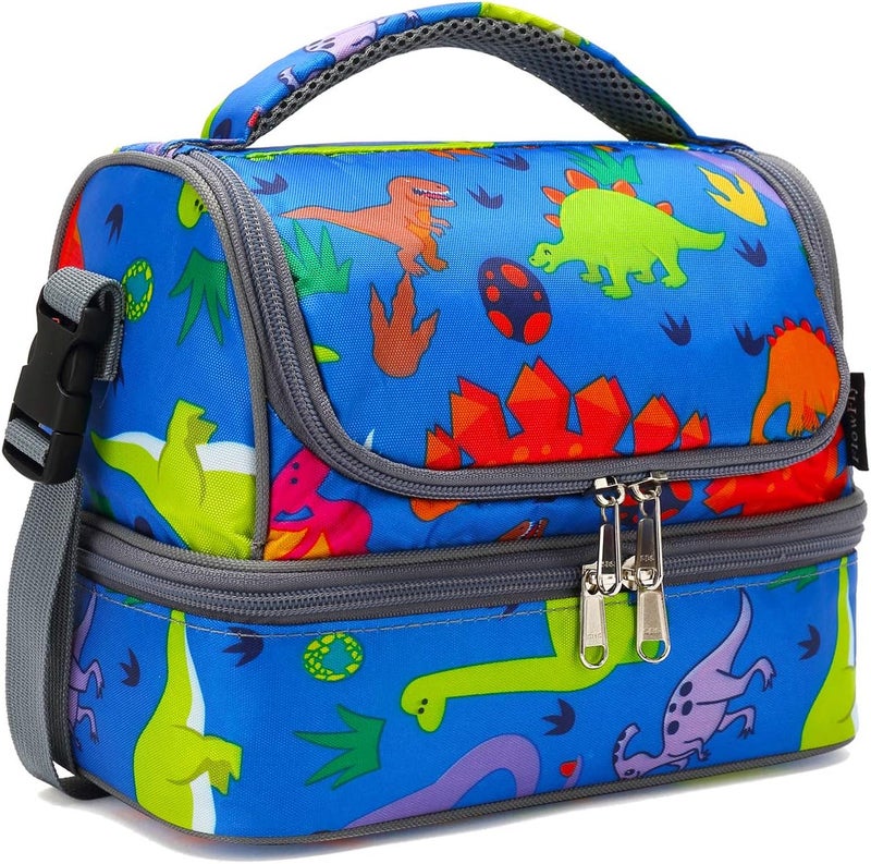FlowFly Kids Double Decker Cooler Insulated Lunch Bag Large Tote for Boys, Girls, Men, Women, With Adjustable Strap, Dinosaur - Image 1