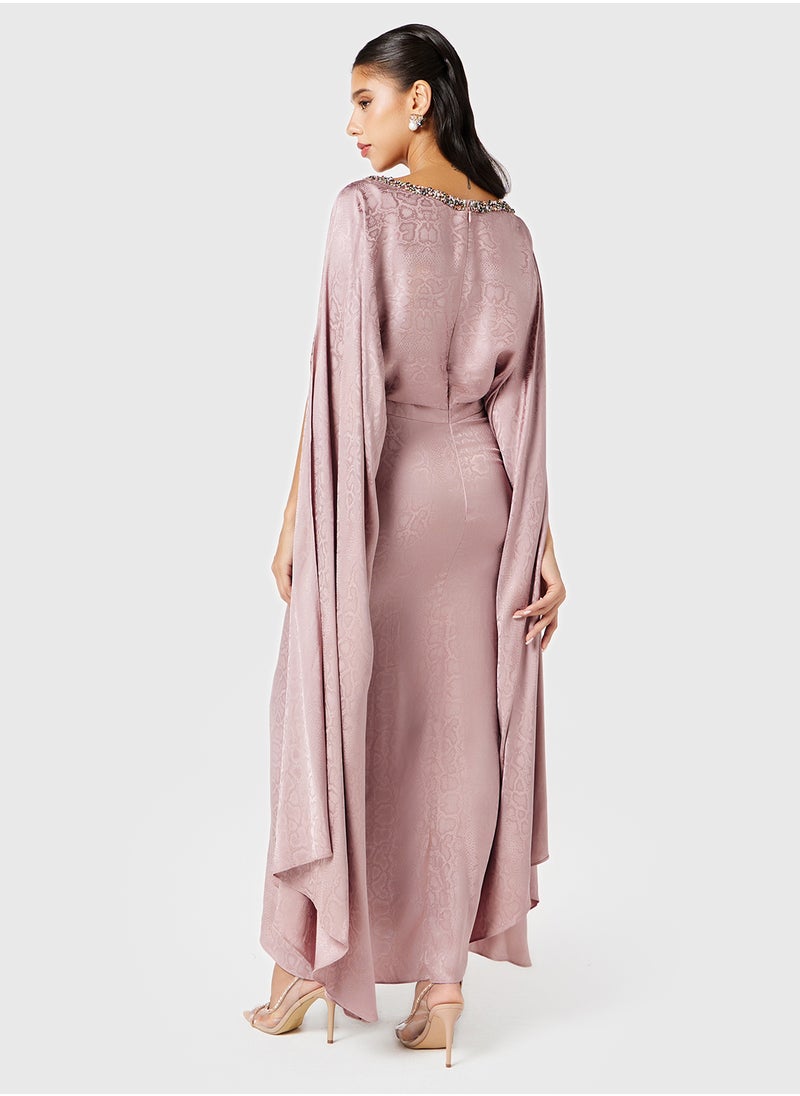 Threadz by Ajooni - Embellished Neck Cape Drape Dress - Image 1