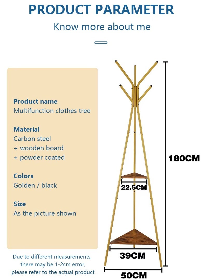 Arabest Coat Rack Freestanding, Coat Hanger Stand,Umbrella Holder, Hall Tree With 6 Hooks and 2 Shelves, Entryway Standing Coat Rack,Floor Standing Metal Umbrella Tree Stand for Handbags, Clothing, Gold(180cm) - Image 3