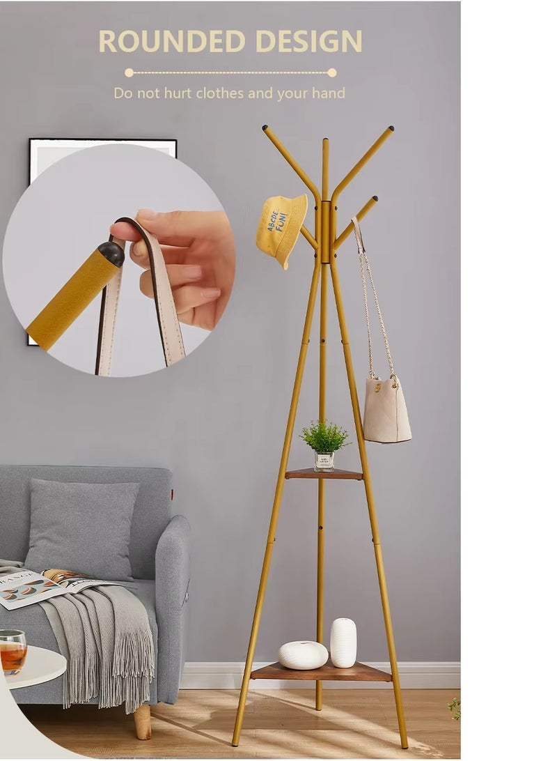Arabest Coat Rack Freestanding, Coat Hanger Stand,Umbrella Holder, Hall Tree With 6 Hooks and 2 Shelves, Entryway Standing Coat Rack,Floor Standing Metal Umbrella Tree Stand for Handbags, Clothing, Gold(180cm) - Image 5