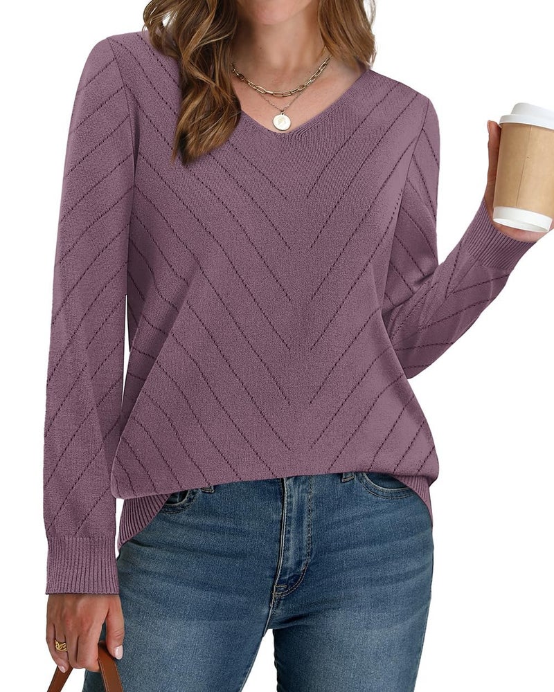 WIHOLL Long Sleeve Shirts for Women Casual Fall Sweaters Lightweight Vacation School Outfits for Teachers V Neck Crochet Tops Soft Ribbed Knit Pullover Spring Fashion 2026 Grey Purple S - Image 3
