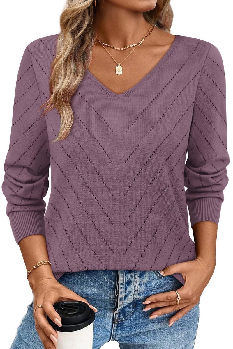 WIHOLL Long Sleeve Shirts for Women Casual Fall Sweaters Lightweight Vacation School Outfits for Teachers V Neck Crochet Tops Soft Ribbed Knit Pullover Spring Fashion 2026 Grey Purple S - Image 2