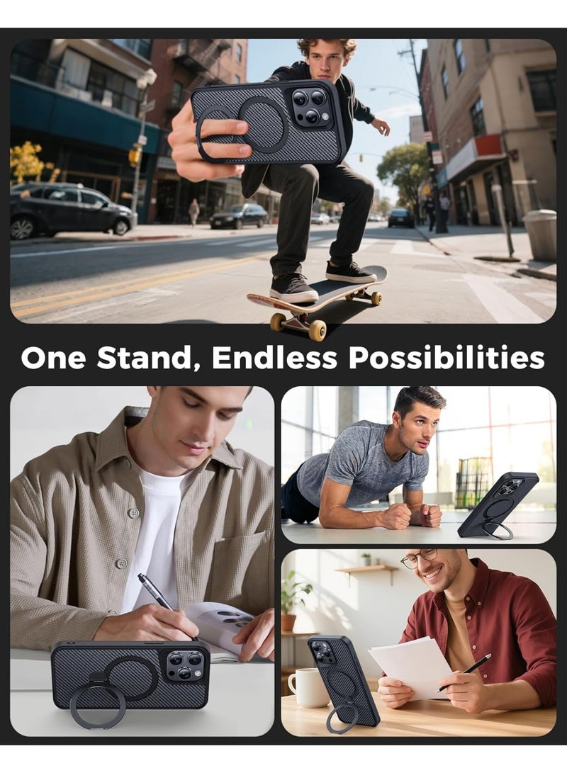 iPhone 16 Pro Case with 180° Magnetic Stand, Carbon Fiber Phone Case [Compatible with Magsafe] [16FT Military Protection] with Stand Ring - Image 3