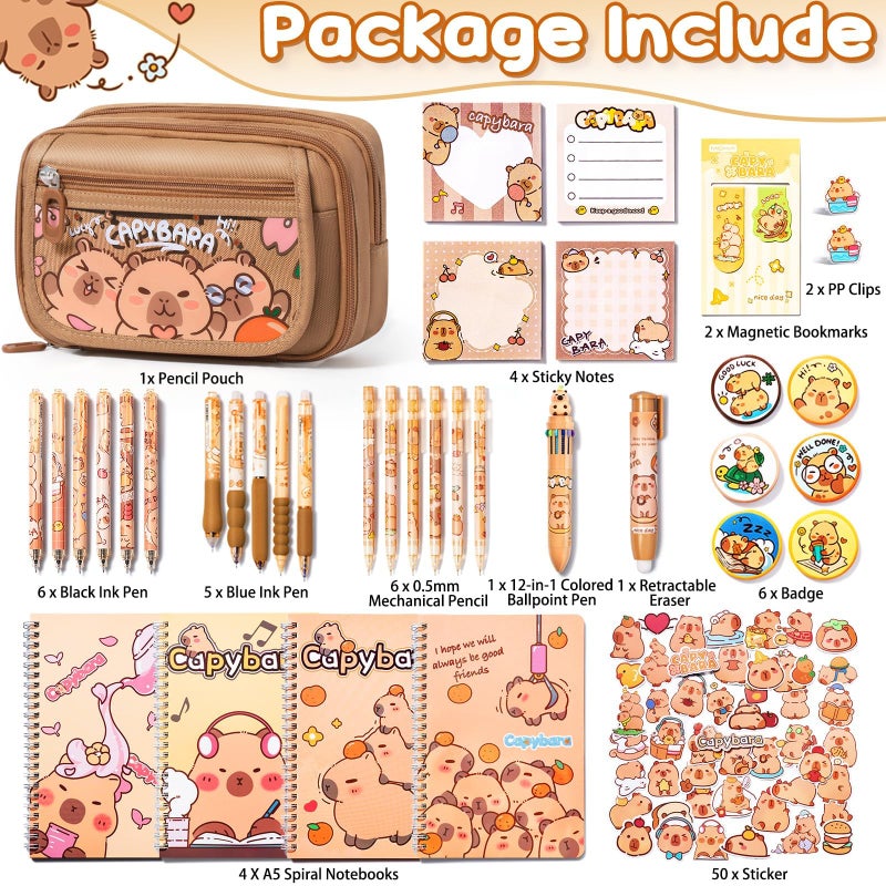 Fimibuke Kid School Supplies for Girl Age 5 6 7 8-12 13 14 Year Old, 36PCS Kawaii Tween Teen Girl Birthday Easter Gift Cute Capybara Stationery Set w/Pencil Case Gel Pen Pencil Sticker Notebook Sticky Note - Image 2