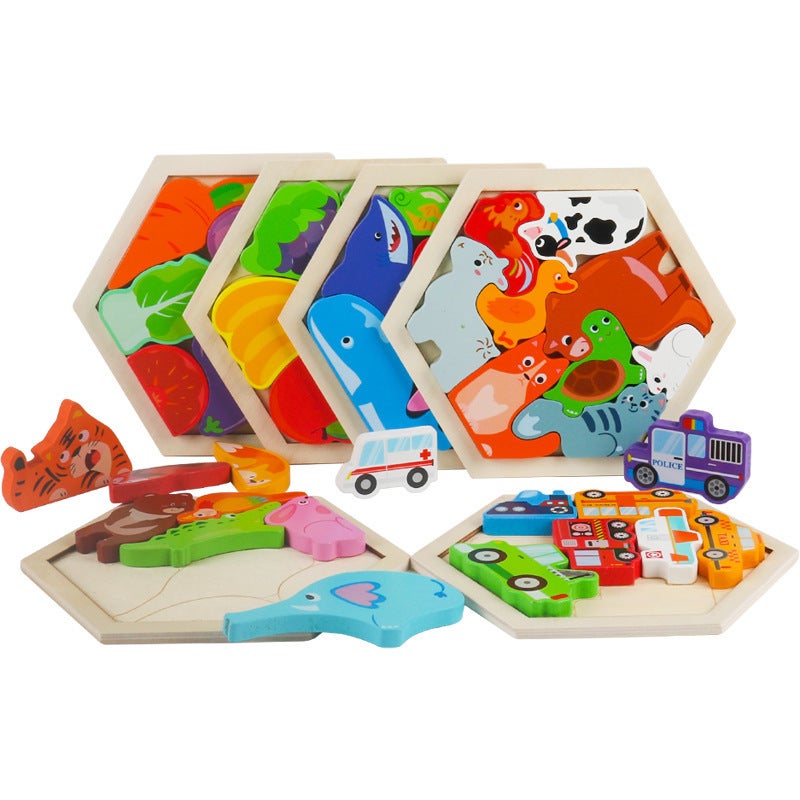 Children'S Wooden Three-Dimensional Hexagonal Puzzle Animal Transportation Puzzle Building Blocks Early Education Educational Toys - Image 2