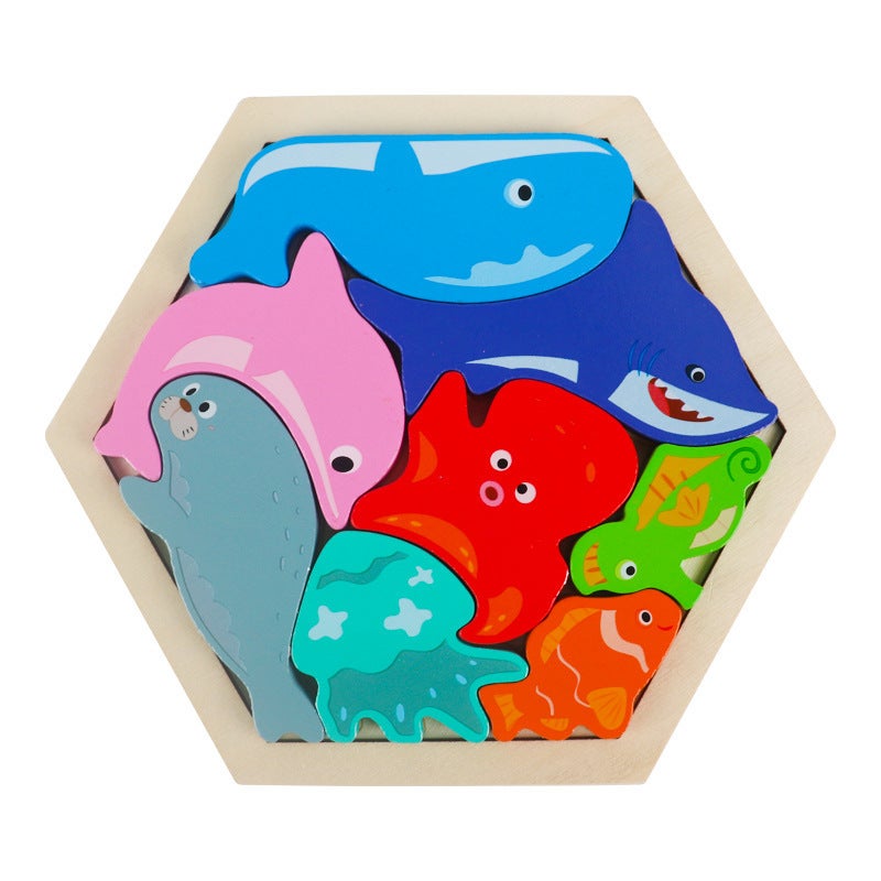 Children'S Wooden Three-Dimensional Hexagonal Puzzle Animal Transportation Puzzle Building Blocks Early Education Educational Toys - Image 1