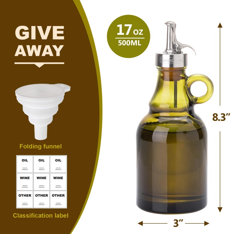 Lu-lupour 500ml Green Olive Oil Dispenser Bottle,17oz Glass Oil and Vinegar Cruet with Pourers and Funnel,Oil Bottles for Kitchen, Dispenser Bottle with Drip Free Spouts - Image 2