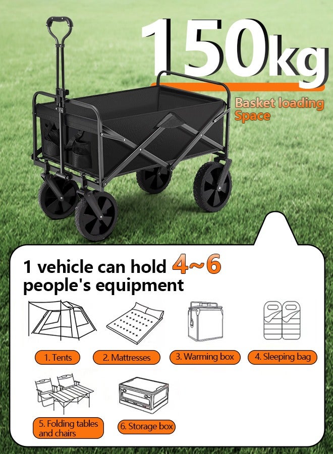 Generic Collapsible Wagon, Portable Folding Wagons Carts with Wheels Foldable, 150kg Heavy Duty Beach Wagon Outdoor Utility Cart with Cup Holders for Grocery Camping Garden Sports  - Image 3
