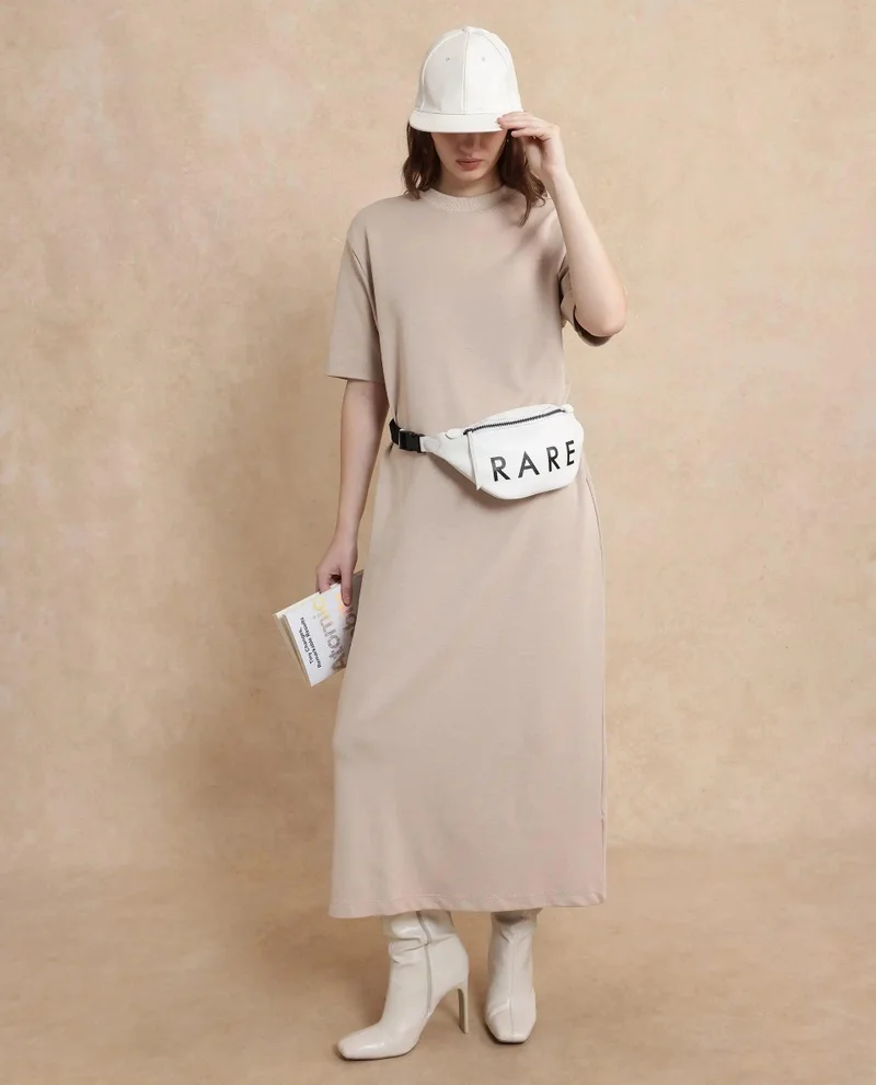Rareism Women's Round Neck Solid Knit Dress