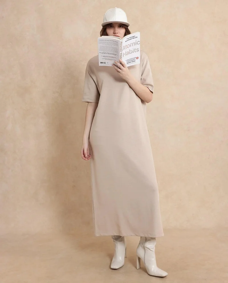 Rareism Women's Round Neck Solid Knit Dress