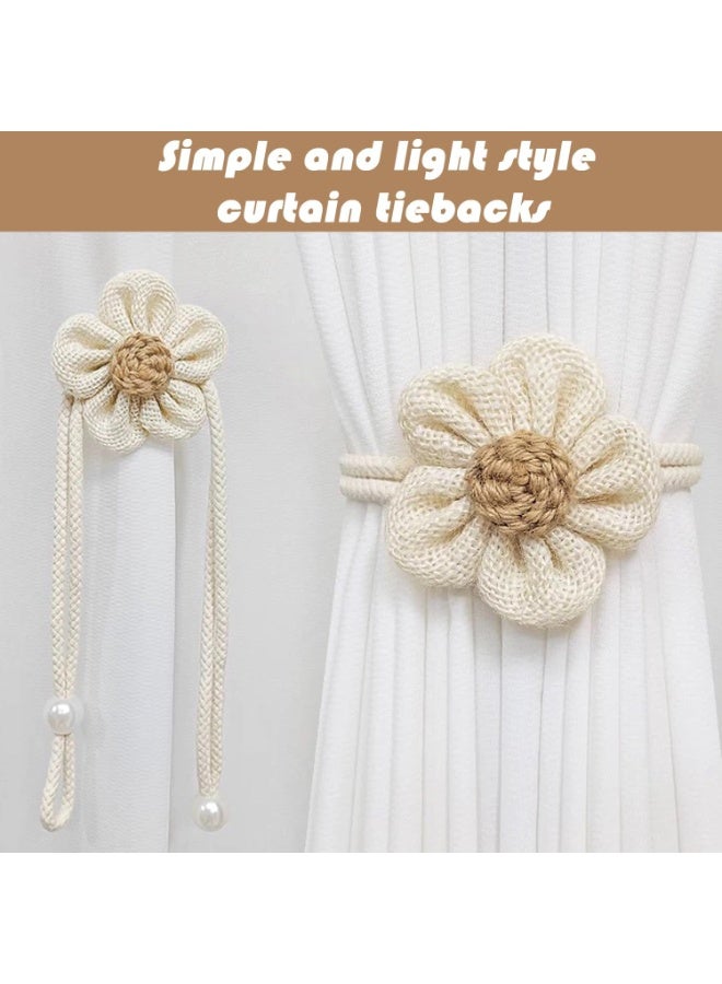 4pcs Handmade Pearl Curtain Tiebacks, Boho Flower Curtain Holdbacks with Buckle Pins, Simple Elegant Sunflower Rope Curtain Tiebacks for Boho Bedroom Decor, Living Room, Kitchen（2Pcs Cream&2Pcs Khaki）  - Image 2