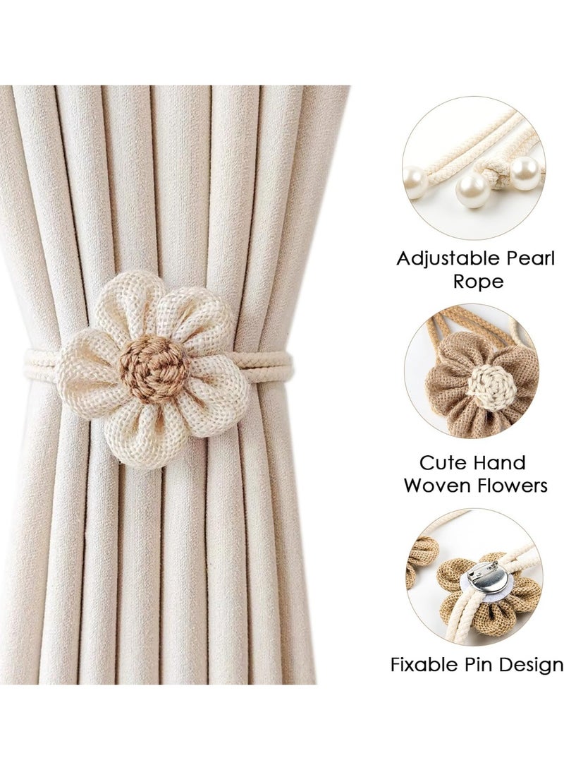 4pcs Handmade Pearl Curtain Tiebacks, Boho Flower Curtain Holdbacks with Buckle Pins, Simple Elegant Sunflower Rope Curtain Tiebacks for Boho Bedroom Decor, Living Room, Kitchen（2Pcs Cream&2Pcs Khaki）  - Image 3
