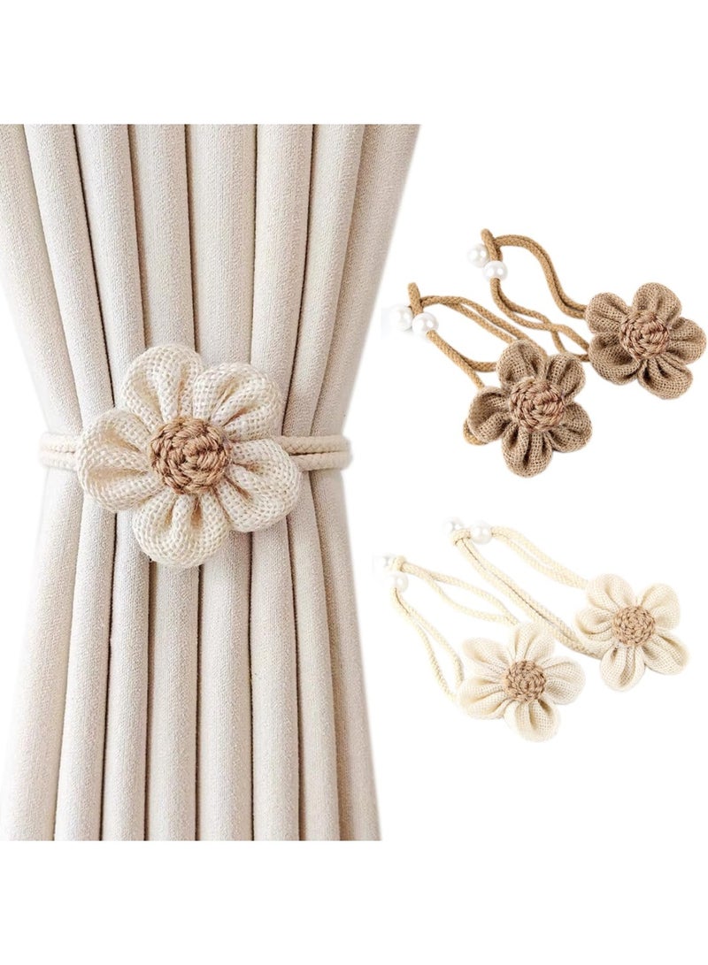4pcs Handmade Pearl Curtain Tiebacks, Boho Flower Curtain Holdbacks with Buckle Pins, Simple Elegant Sunflower Rope Curtain Tiebacks for Boho Bedroom Decor, Living Room, Kitchen（2Pcs Cream&2Pcs Khaki）  - Image 1