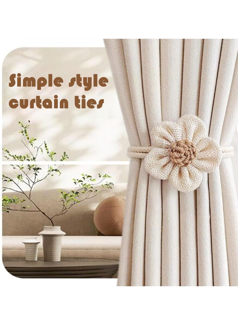 4pcs Handmade Pearl Curtain Tiebacks, Boho Flower Curtain Holdbacks with Buckle Pins, Simple Elegant Sunflower Rope Curtain Tiebacks for Boho Bedroom Decor, Living Room, Kitchen（2Pcs Cream&2Pcs Khaki）  - Image 5