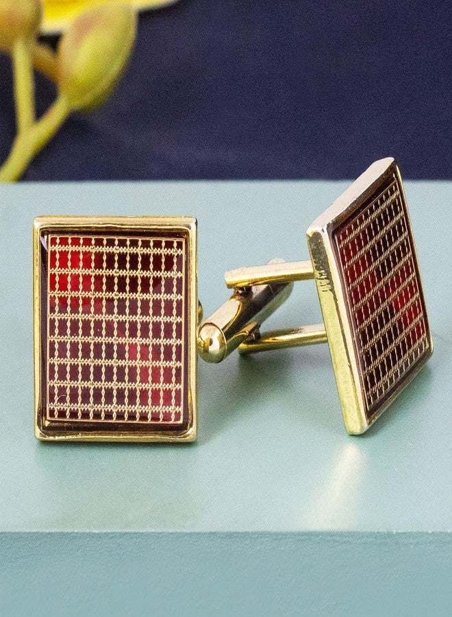 Kavove The Checkered Maroon & Golden Cufflinks For Men - Image 2