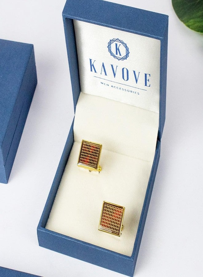 Kavove The Checkered Maroon & Golden Cufflinks For Men - Image 5