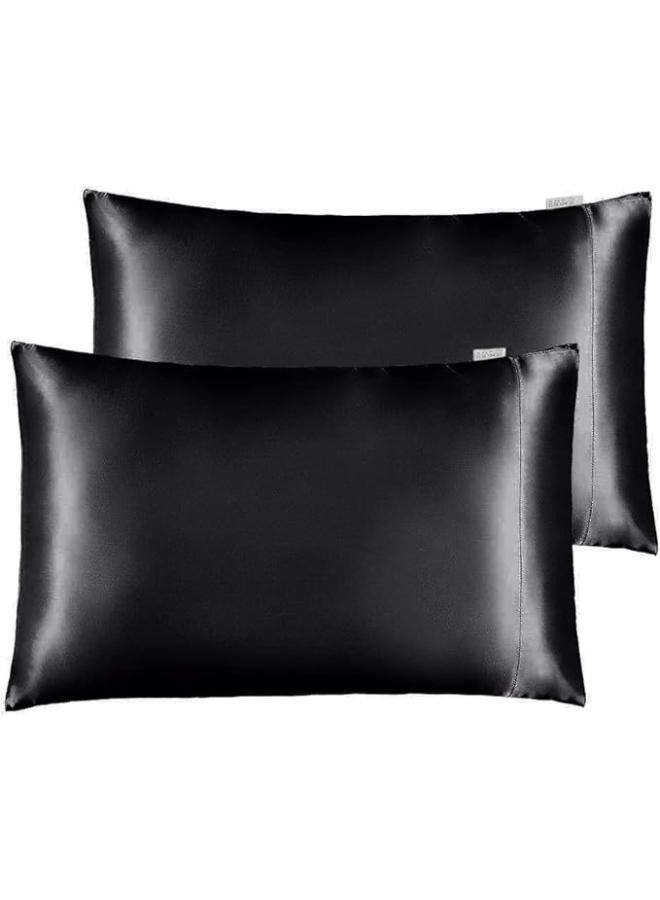 عبوة من 2 كيس وسادة من الساتان للشعر والبشرة، أغطية وسائد حريرية فاخرة ناعمة مقاس 20 × 30 بوصة مع إغلاق مغلف، اسود