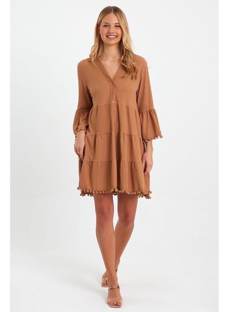 Krape material knee dress with bead balls and buttons, Brown  - Image 1