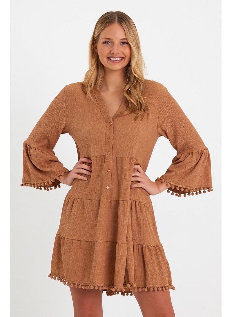 Krape material knee dress with bead balls and buttons, Brown  - Image 2