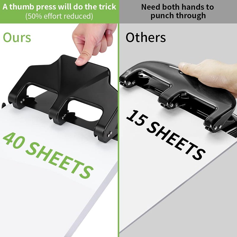 AFMAT 3 Hole Punch, 9/32" Holes Diameter, 40-Sheet Three Hole Punch, 50% Reduced Effort, 3 Hole Puncher for Binder w/Large Chip Tray, Heavy Duty Metal Paper Puncher for Home/Office/School, HP14 - Image 3