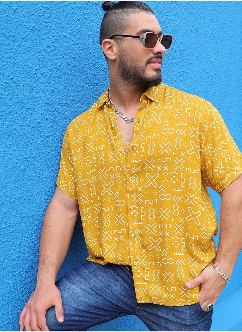 Instafab Plus Instafab Plus Men's Mustard Yellow Minimal Aztec Shirt For Casual Wear | Spread Collar | Short Sleeve | Button Closure | Heavy Rayon Shirt Crafted With Comfort Fit For Everyday Wear