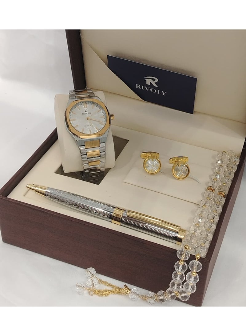 Rivoli Men's Gift Set includes a wristwatch, pen, cufflinks, and crystal rosary.