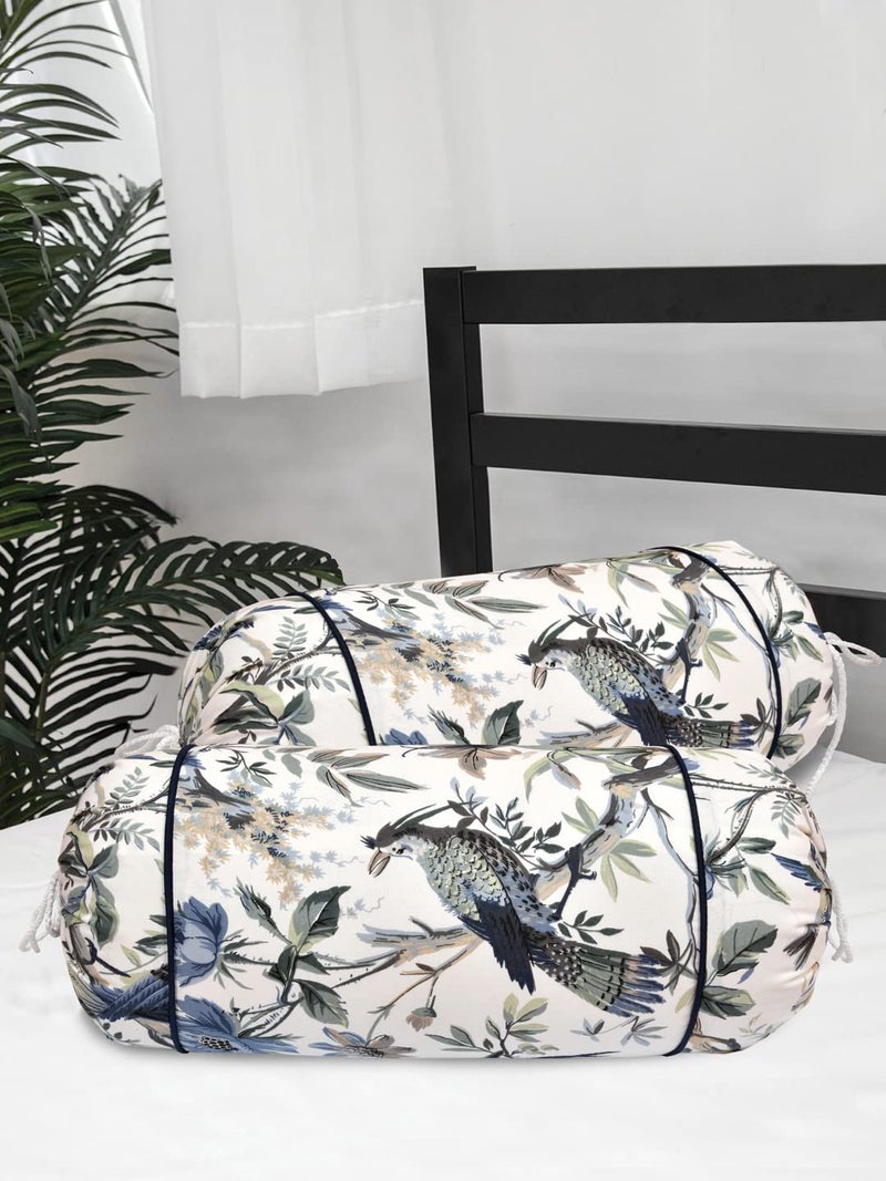 Clasiko® Cotton Bolster Covers; Set of 2; 210 TC; Blue Green Bird On White; 30x15 Inches - Image 4