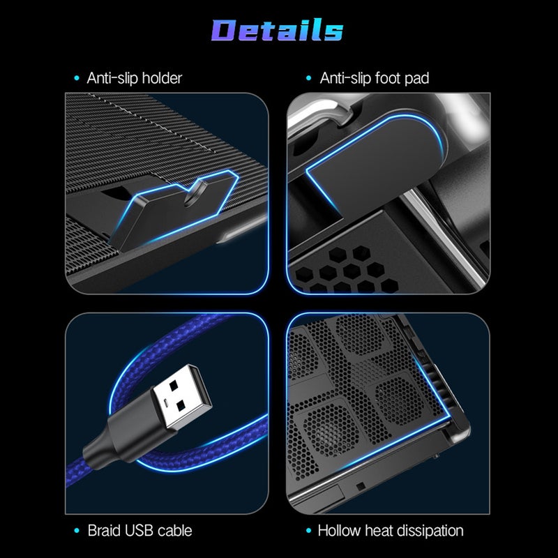 مبرد لابتوب COOLCOLD F5 مع ستة روافع - مقاوم حرارة لابتوب بتصميم هادئ مع ارتفاع قابل للتعديل على سبع مستويات وحامل هاتف ومثقفات USB مزدوجة - Image 5