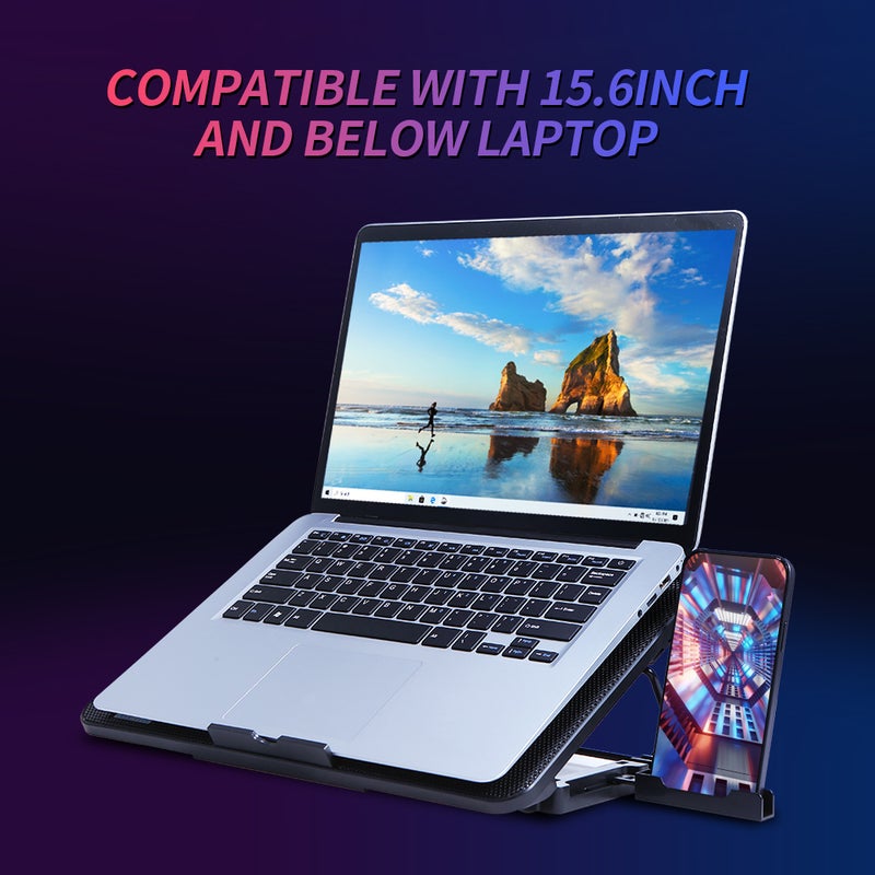 مبرد لابتوب COOLCOLD F5 مع ستة روافع - مقاوم حرارة لابتوب بتصميم هادئ مع ارتفاع قابل للتعديل على سبع مستويات وحامل هاتف ومثقفات USB مزدوجة - Image 4