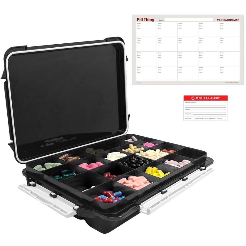 pill thing 20 Compartment Large Pill Case with Airtight Seal - Silicone Gasket Waterproof Med Box with Medication Map, Medical Alert Card (Black, 1 Pack) - Image 1
