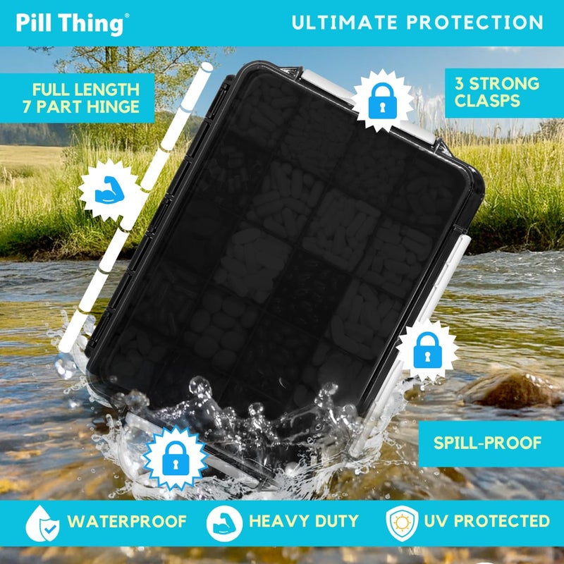 pill thing 20 Compartment Large Pill Case with Airtight Seal - Silicone Gasket Waterproof Med Box with Medication Map, Medical Alert Card (Black, 1 Pack) - Image 2