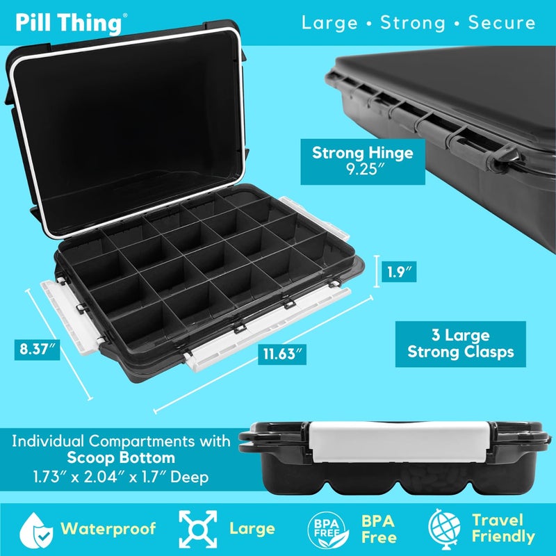 pill thing 20 Compartment Large Pill Case with Airtight Seal - Silicone Gasket Waterproof Med Box with Medication Map, Medical Alert Card (Black, 1 Pack) - Image 4