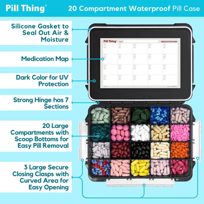 pill thing 20 Compartment Large Pill Case with Airtight Seal - Silicone Gasket Waterproof Med Box with Medication Map, Medical Alert Card (Black, 1 Pack) - Image 5