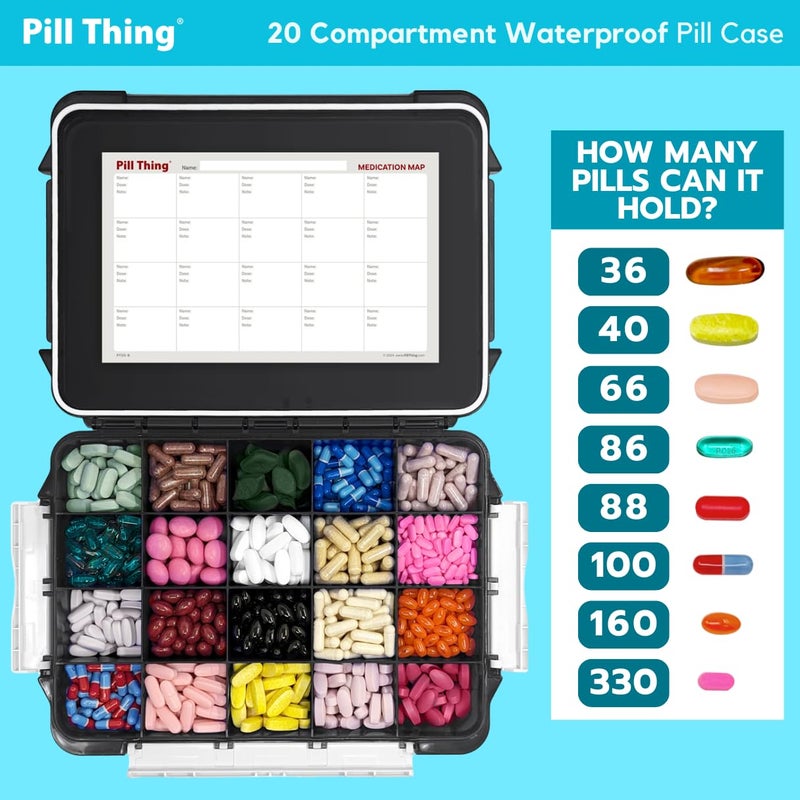 pill thing 20 Compartment Large Pill Case with Airtight Seal - Silicone Gasket Waterproof Med Box with Medication Map, Medical Alert Card (Black, 1 Pack) - Image 3