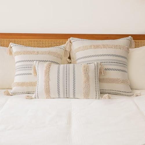 BUIOVBEY Boho Throw Pillow Covers 20x20 Set of 2 Woven Tufted Farmhouse Pillows Cover with Tassels Textured Striped Cushion Case Neutral Pillow Cases Decorative Pillowcase for Sofa, Couch, Bed, Khaki - Image 5