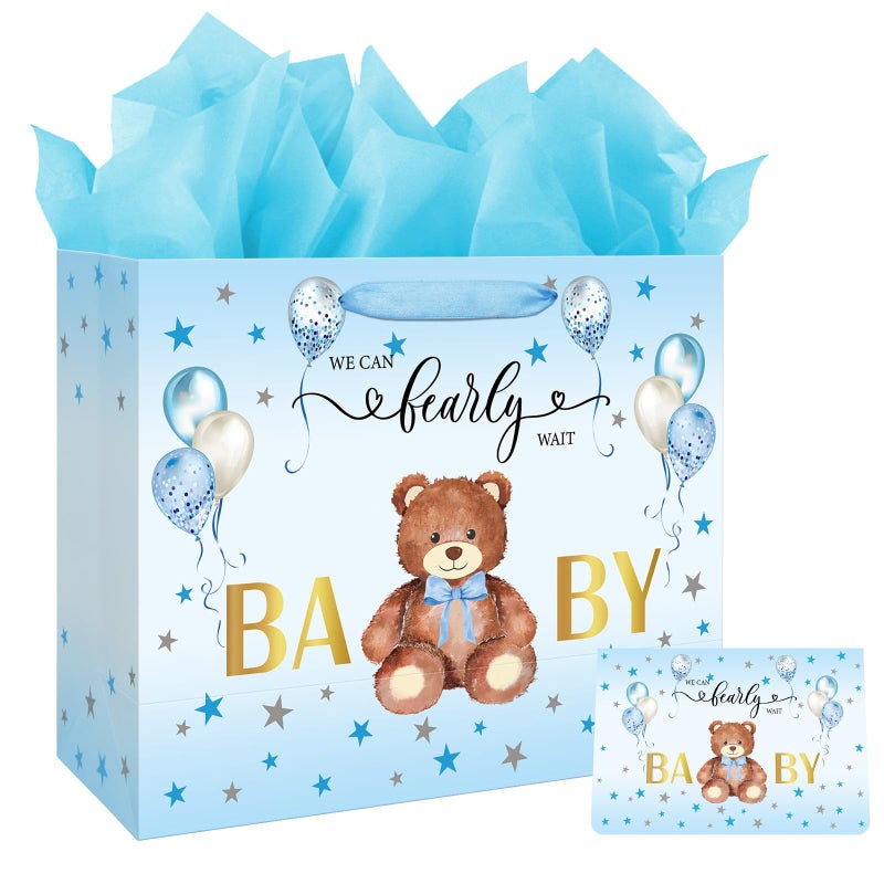 Laidans 13" Large Baby Shower Birthday Gift Bag for Boy with Tissue Papers and Card Blue Balloons Bear Design with Handles (Blue) - Image 1