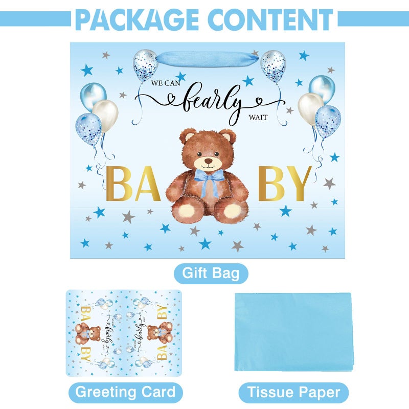 Laidans 13" Large Baby Shower Birthday Gift Bag for Boy with Tissue Papers and Card Blue Balloons Bear Design with Handles (Blue) - Image 4