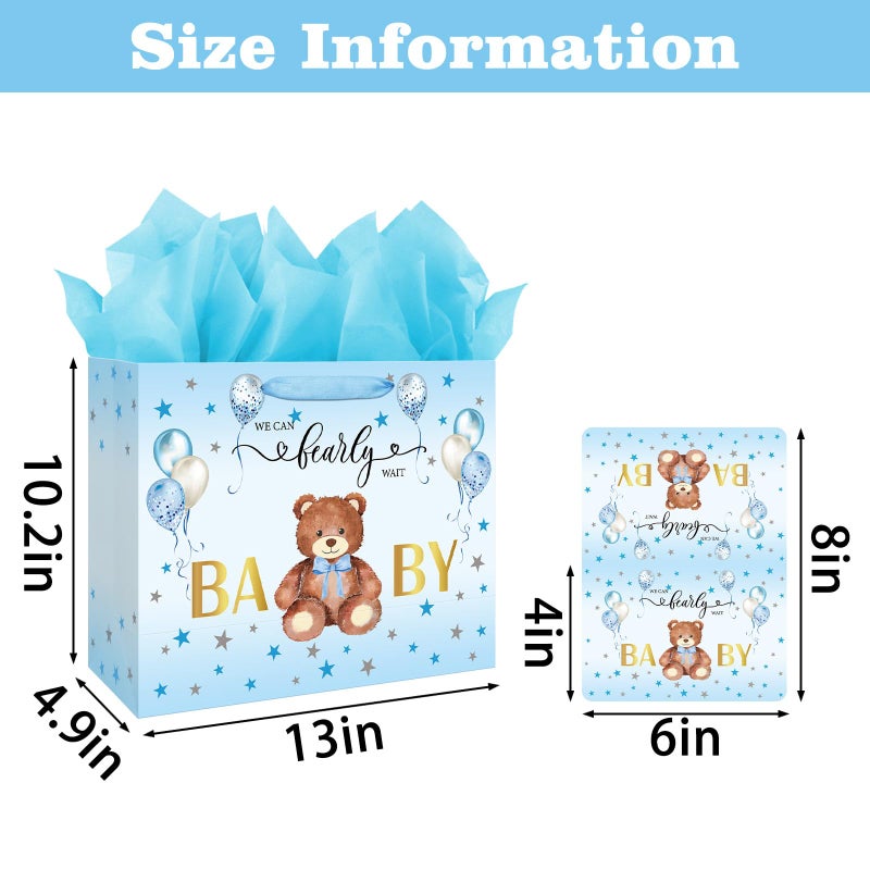 Laidans 13" Large Baby Shower Birthday Gift Bag for Boy with Tissue Papers and Card Blue Balloons Bear Design with Handles (Blue) - Image 2