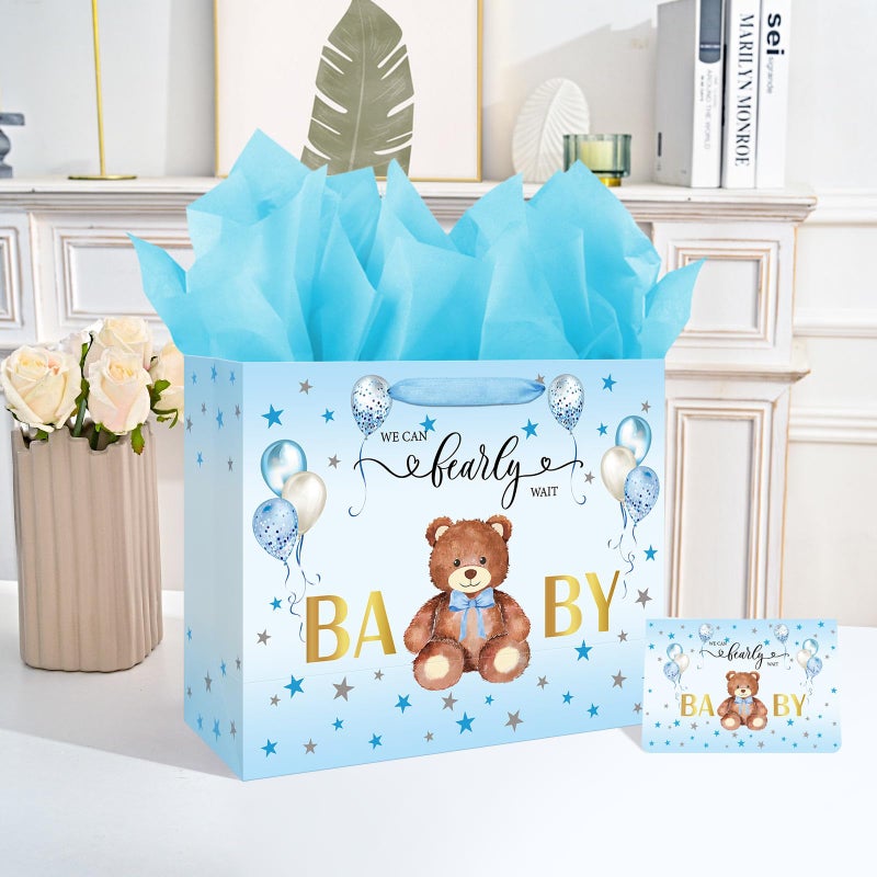 Laidans 13" Large Baby Shower Birthday Gift Bag for Boy with Tissue Papers and Card Blue Balloons Bear Design with Handles (Blue) - Image 5