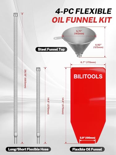 BILITOOLS 4pc Oil Change Kit SpillFree Steel System with Filter 146262 Hoses Reusable Flexible Funnel for Automotive Use Universal Oil Funnel Kit for Engine Transmission Cooling Systems - Image 3
