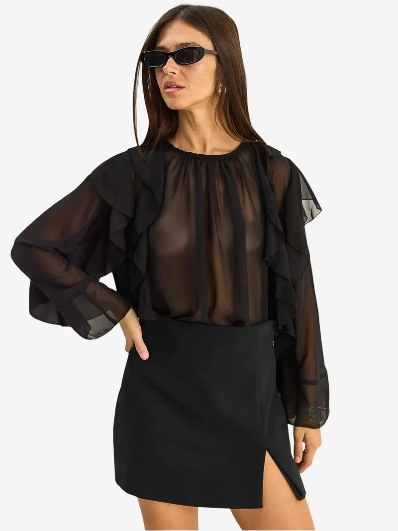 بيانكو لوتشي LUCCI Frilly Chiffon Crew Neck Blouse