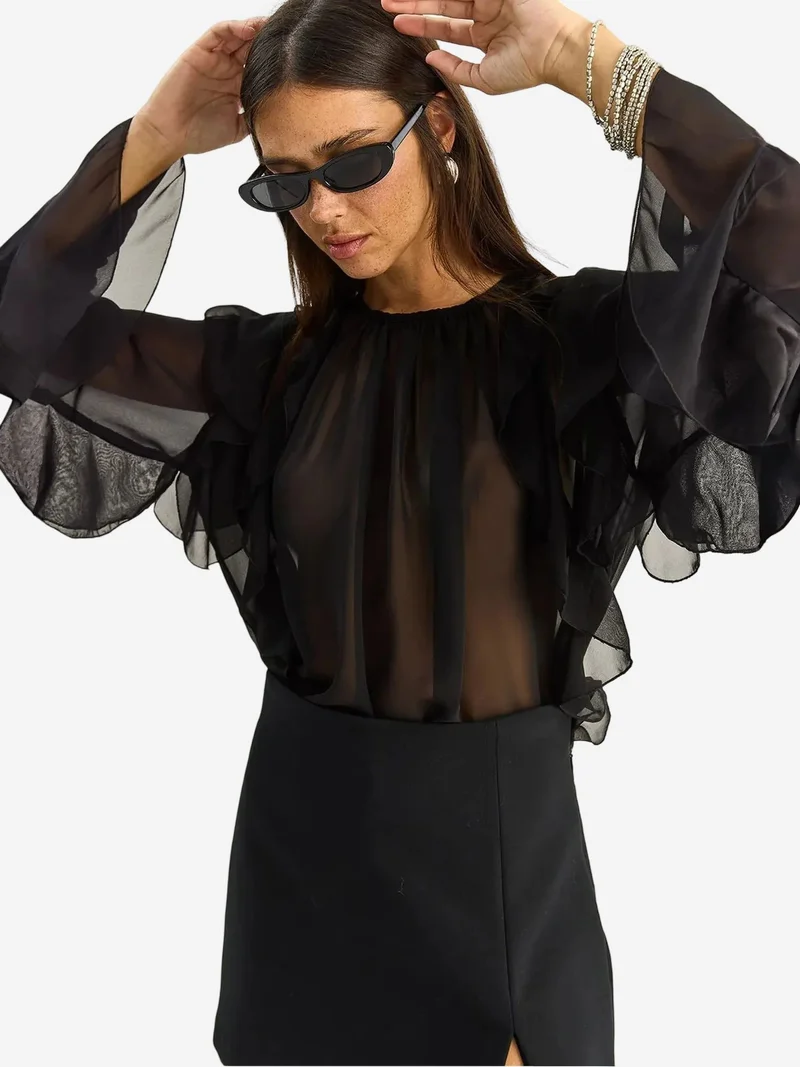 بيانكو لوتشي LUCCI Frilly Chiffon Crew Neck Blouse