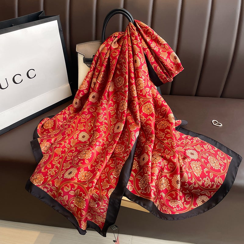 New Summer Lotus Yourou Yarn Long Scarf Shawl Scarf Sunscreen Li Jin Forged Printing Baotou Scarf Direct Selling Orange Red 