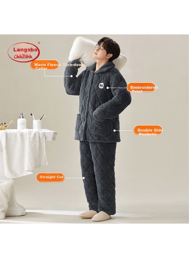 LANG SHA Langsha Men's Three-layer Quilted Thermal Winter Coral Fleece Pajama Set Two-piece Homewear Outerwear - Image 3