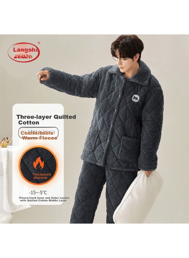 LANG SHA Langsha Men's Three-layer Quilted Thermal Winter Coral Fleece Pajama Set Two-piece Homewear Outerwear - Image 2