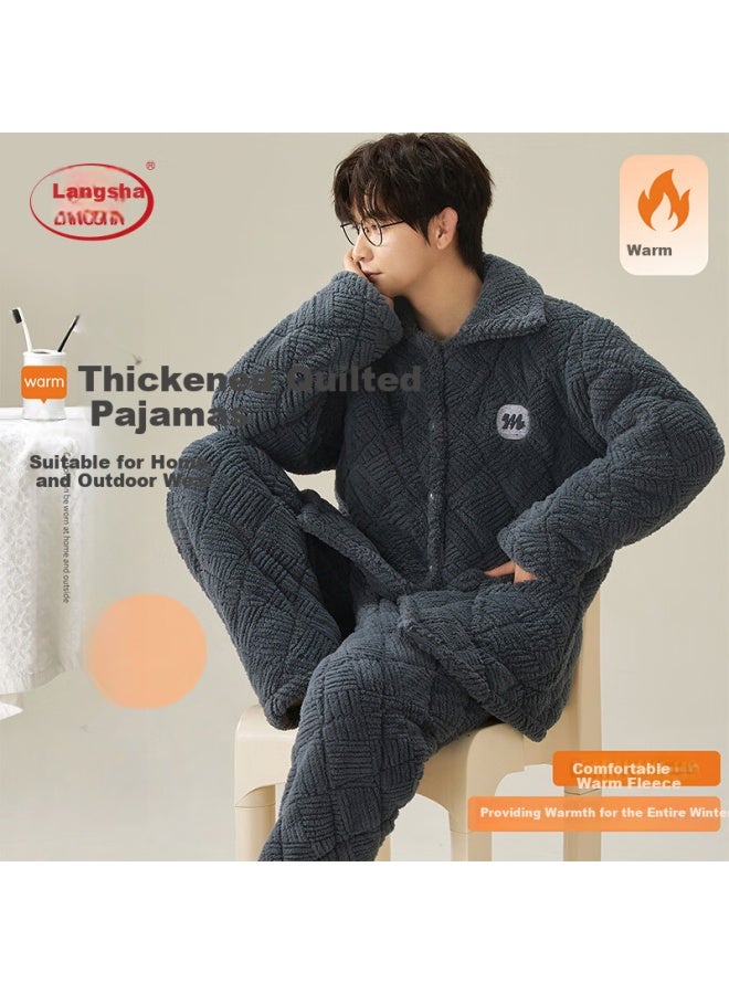 LANG SHA Langsha Men's Three-layer Quilted Thermal Winter Coral Fleece Pajama Set Two-piece Homewear Outerwear - Image 1